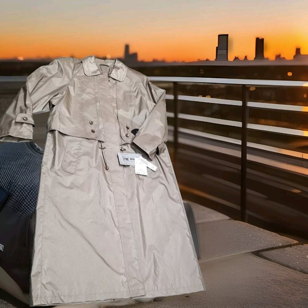 ✅VTG Women's 14 British Mist Trench Coat 80s Retro Belted Lined In-Beach Pebble